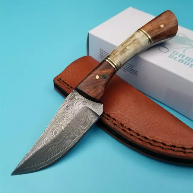 Damascus Steel Fixed Blade Knife Full tang Stag Handle Skinner Leather Sheath