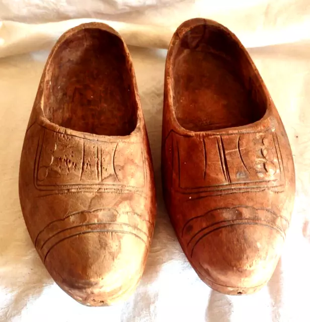 Dutch or French Antique Wood Shoes Size 4 Womens Youth Hand Carved Holland Clogs