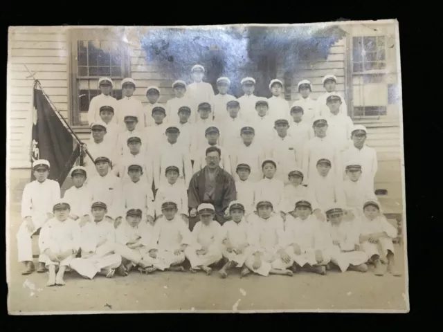 #57 Giapponese Vintage Foto 1940s Student Gruppo Boy Bianco Divisa Teacher Flag