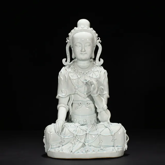 16.9" China Porcelain song dynasty hutian kiln cyan glaze guanyin Buddha statue