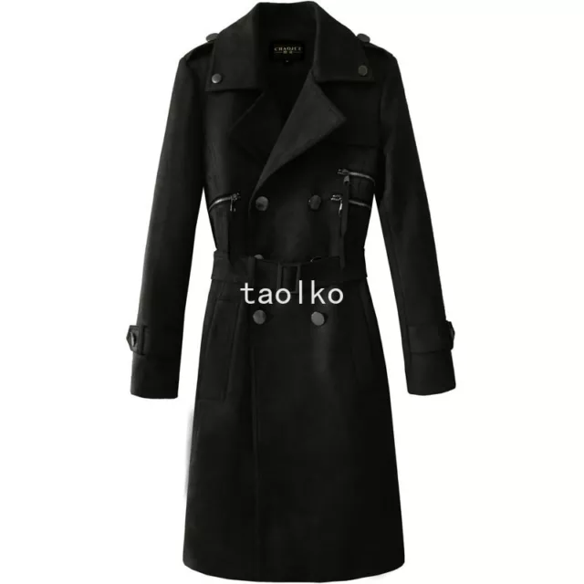 British Mens Double Breasted Long Trench Coat Faux Suede Leather Overcoat Zipper