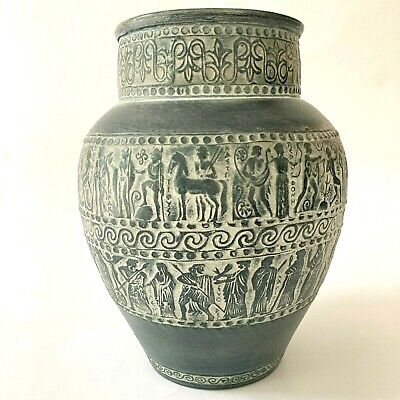 Greek Art Pottery Vase Figural Relief Design Greece Dark Green Folk Art Vintage