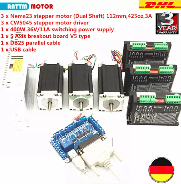 EU丨3 Axis NEMA23 425oz-in Stepper Motor 112mm 4A Driver&Power CNC Controller Kit