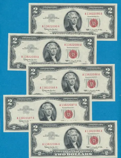 5-$2.00 1963 Consecutive Gem Red Seal United States Notes, Dealers Lot