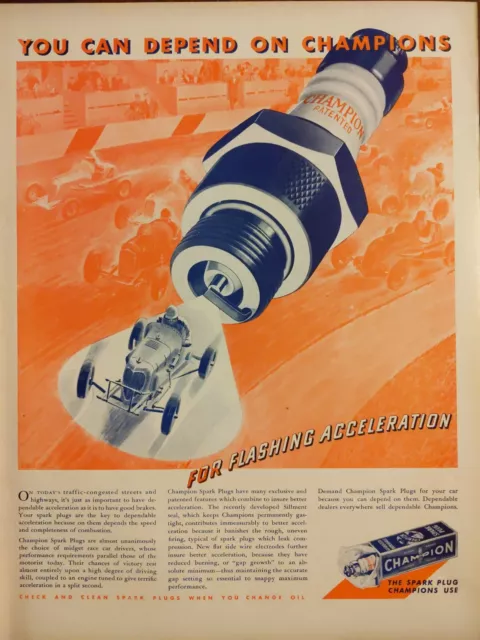 Vintage 1938 champion spark plug print ad.  For flashing acceleration