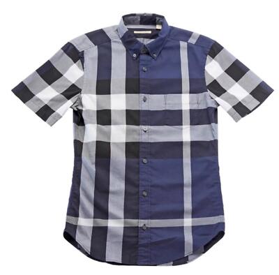 NWT BURBERRY BRIT Navy Blue Henry Trim Fit Cotton Logo Nova Check ...