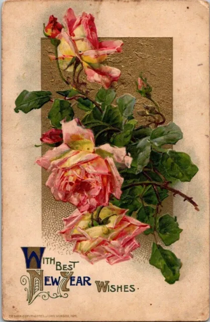 Vintage Postcard Roses With The Best New Year Wishes Unposted
