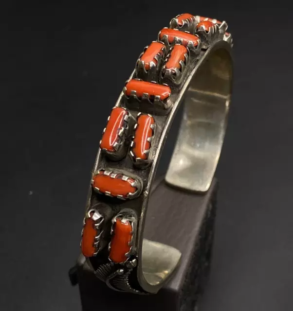 Antique Navaj Ancien Haut Qualité Naturel Triangle Corail Argent Bracelet