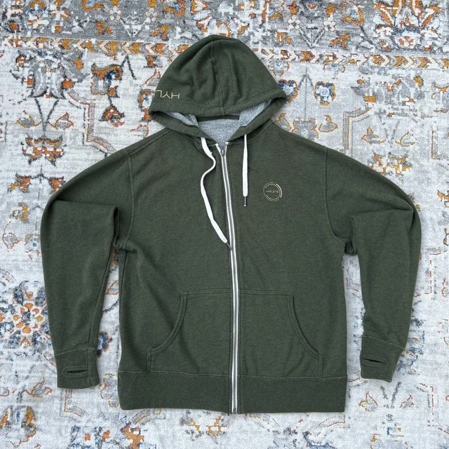 Hylete Tech Hoodie Full Zip Green Jacket Men's Small Thumbholes Headphone Port
