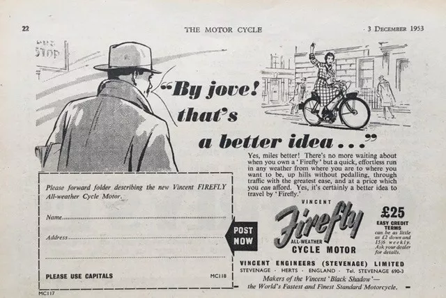 VINCENT FIREFLY ALL WEATHER CYCLE MOTOR ORIGINAL 1953 B/W ADVERT 18cm x 13cm