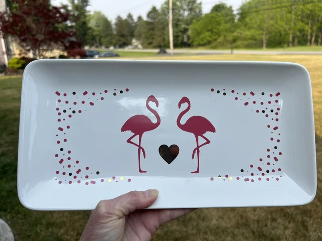 Pink FLAMINGO Trinket Dish Dresser tray Key Catcher Pink and Gold Dots