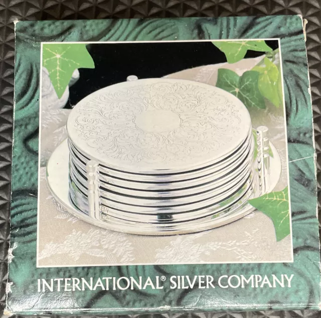 Vtg International Silver Plated 7 Piece Coaster Set 6 Coasters with Holder See