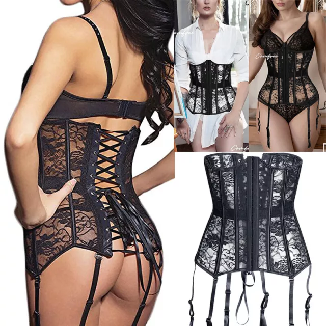 Sexy Underbust Lace up Corset Women See Thru Lingerie Waist Cincher with Garter