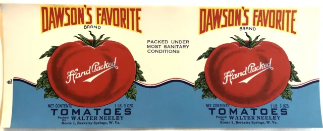 "Dawson's Favorite" Tomatoes Vintage Unused Can Label Berkeley Springs, W. Va.