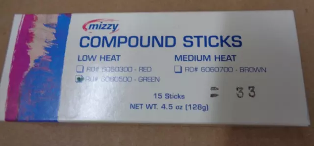 MIZZY Brand COMPOUND STICKS Low Heat 6060500 ~ Color: GREEN / 15 Sticks