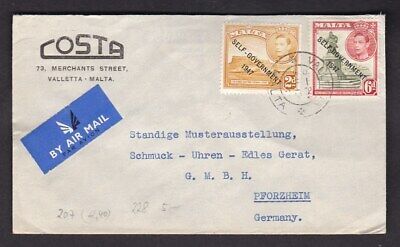 Malta 1953 Costa printed envelope 2d+6d Self Govt to Germany