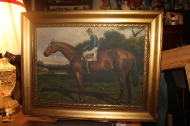 Antique Oil on Canvas Horse Racing Jockey Ornate Gold Gilt Wood Frame 16" x 22"