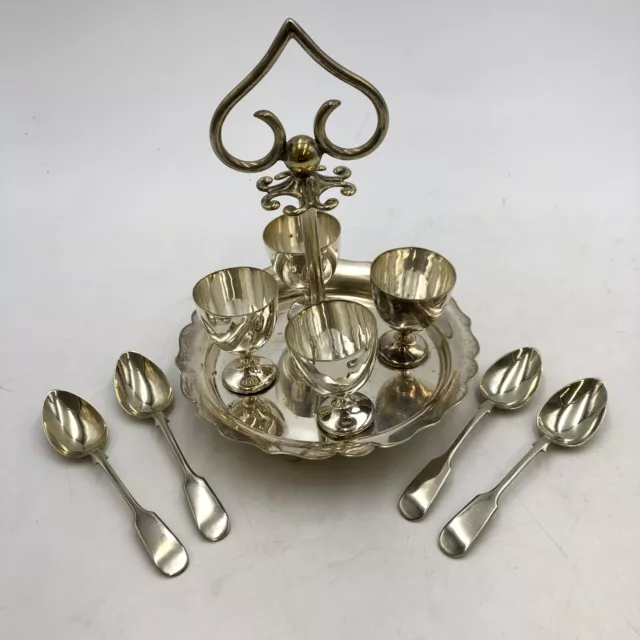 Antique Silver Plated Egg Cruet Set with 4 Bengal Silver Spoons