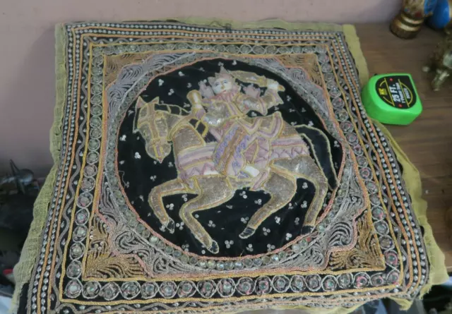 Vintage Handmade Kalaga Tapestry Burmese Thai Goddess Horse Beaded Sequined 20"