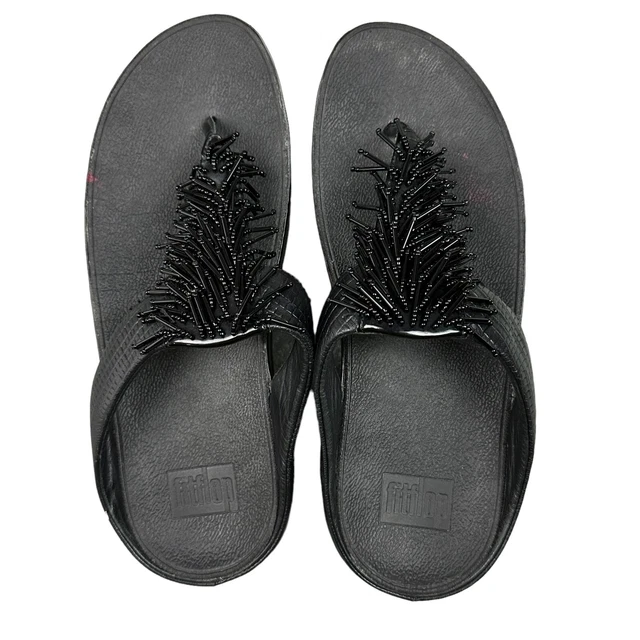 FITFLOP Size 8 Womens Black CHA CHA Micro Wobbleboard Thong Flip Flop Sandals