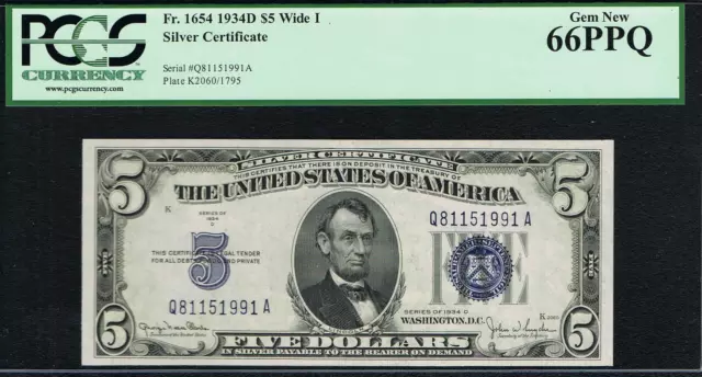 $5 1934D Silver Certificate Wide I. QA Block. PCGS 66 PPQ. Beautiful Note