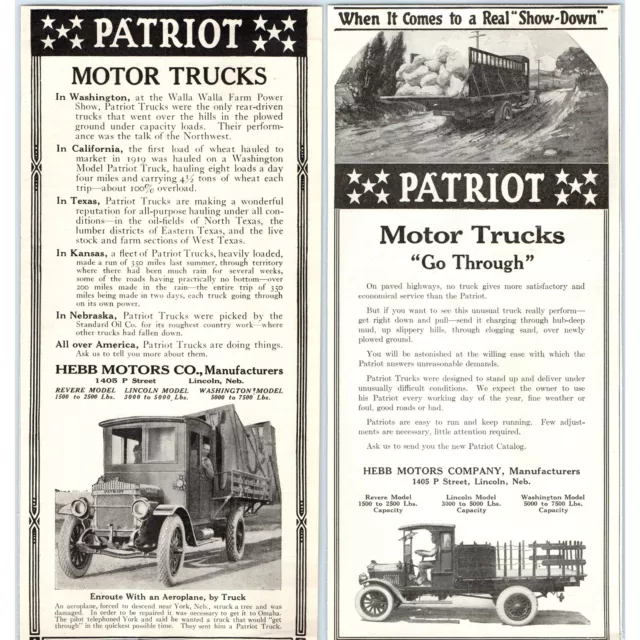 x2 LOT Patriot Motor Trucks Print Ads Delivery Hebb Motors Antique Original 4A