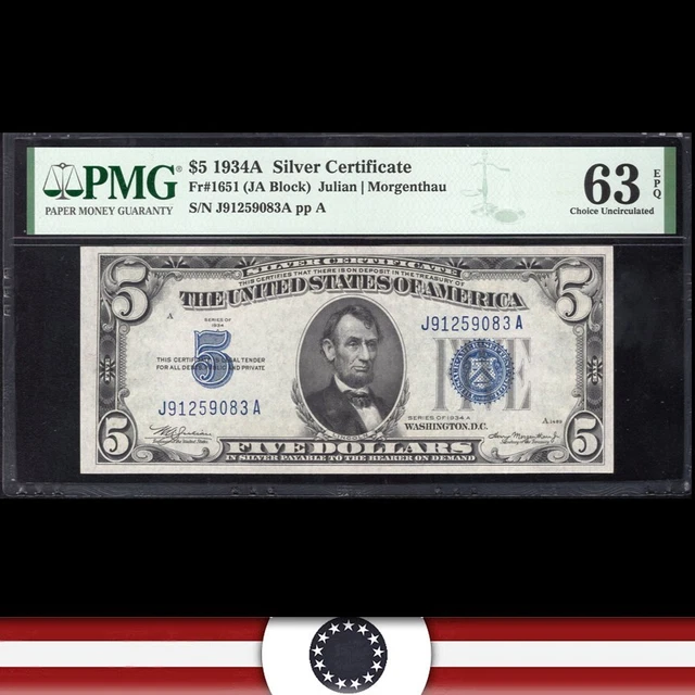 1934-A $5 SILVER CERTIFICATE *J-A Block* PMG 63 EPQ Fr 1651 59083