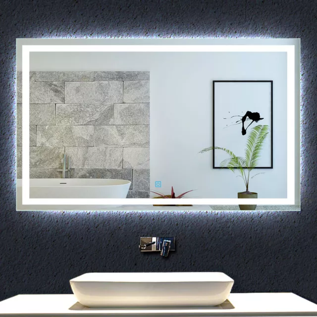 Large Bathroom Mirror with LED Lights, Demister Pad Touch Sensor Wall Mounted