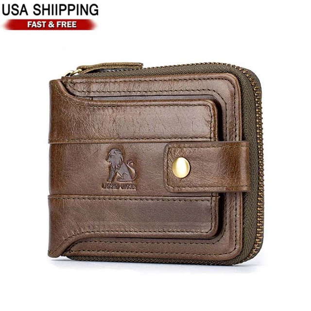 Men's Genuine Leather Cowhide Wallet RFID Blocking Credit Card Holder Zip Pocket