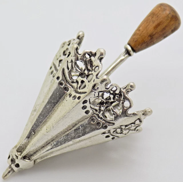 Vintage Italian Handmade Genuine Silver & Wood Parasol Figurine Miniature