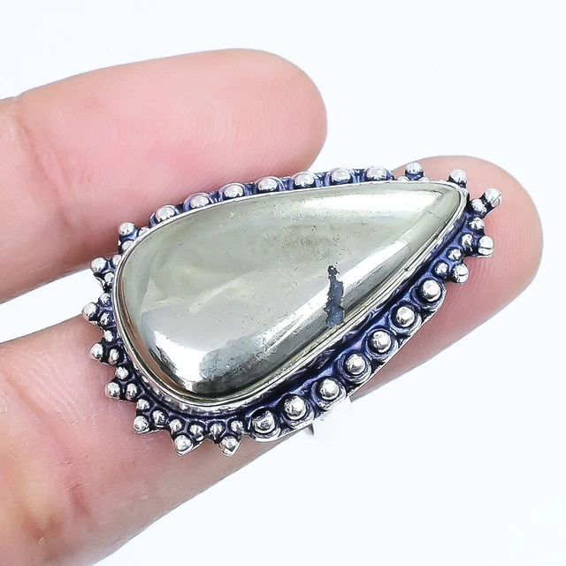 Golden Pyrite Gemstone Handmade Ethnic Silver Jewelry Ring Size 8 RLG3947