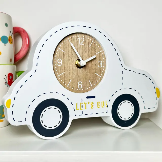 White Car Childrens Clock Wooden Lets Go Kids Bedroom Nursery Desk Table Battery