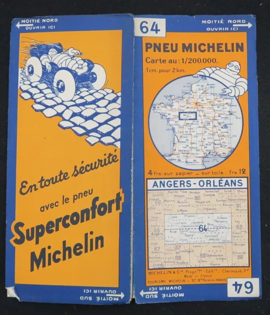 Carte MICHELIN 64 ANGERS ORLEANS 1932 Guide Bibendum pneu tyre map