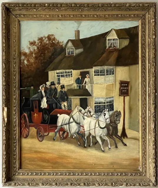 Fine 19Th Century Antique Old English Horse Carriage Impressionist Oil Painting