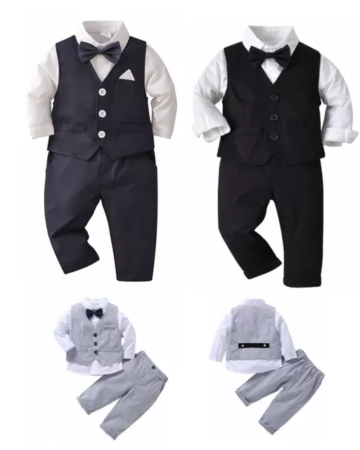 Baby Boys Gentleman Set Formal Bow Tie Dress Shirt Vest Long Pants Party Outfits