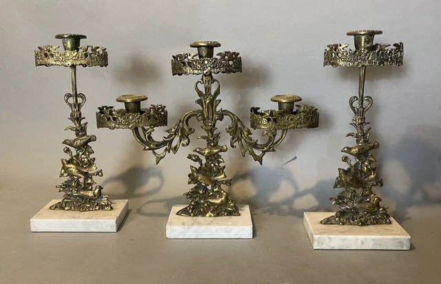 Antique Victorian Style 3 Piece Candelabra Girandole Candlestick Set with Birds