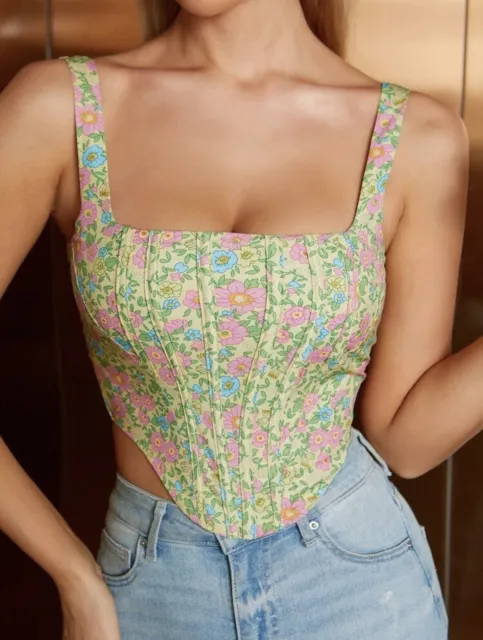Sexy Bustier Corset Large Womens Top Zipper Up Floral Print Push Up Crop Top