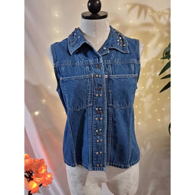 Eddie Bauer Vintage Studded Denim Jean Vest Women's M Petite 80s 90s Metal Biker