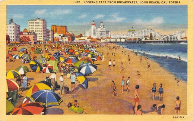 Looking East From Breakwater Beach Scene Long Beach,CA Vtg 1940's Linen Postcard