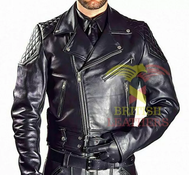 Men's Real Cowhide Bikers Jacket Quilted Panels Schwarz Cuir Lederhemd Gay Biker