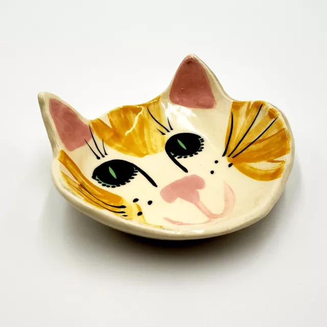 Cat Face Trinket Dish ~ Yellow Tabby ~ Handmade Folk Art Pottery ~ By K Debord