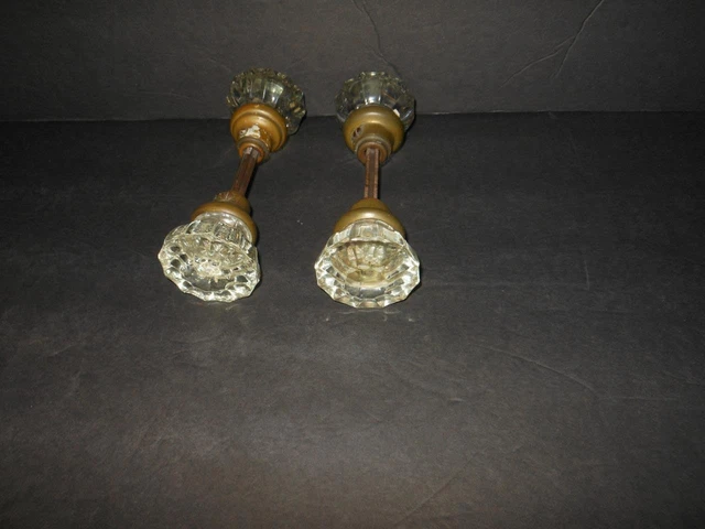 Beautiful Antique Set Of 12 Point Facet Glass Crystal Brass Door Knobs Victorian