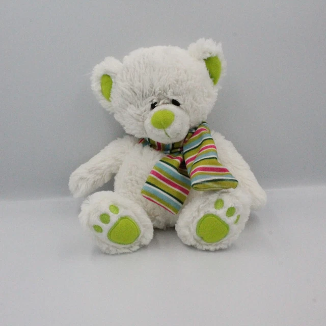 Doudou peluche ours blanc vert bleu rose rayé BABY GUND - 24570