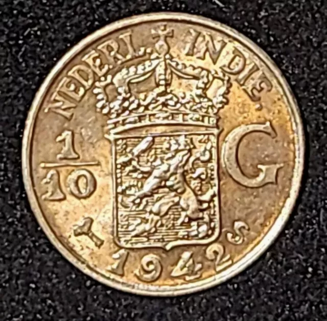 1942 Netherland East Indies 1/10 Gulden Coin  Silver Coin Unc. World Coin