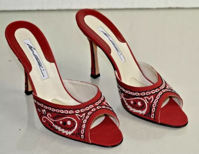 $795 NEW Brian Atwood Slides Mules Shoes Red Sandals Embroidery 37 38 38.5 39 40