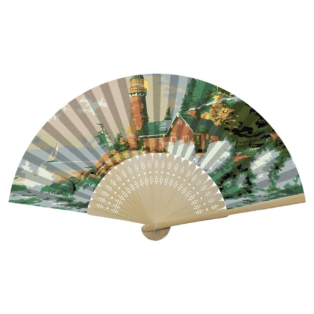 Seaside Lighthouse Oil Paint Folding Fan By Numbers DIY Digital Oil Painting Fan