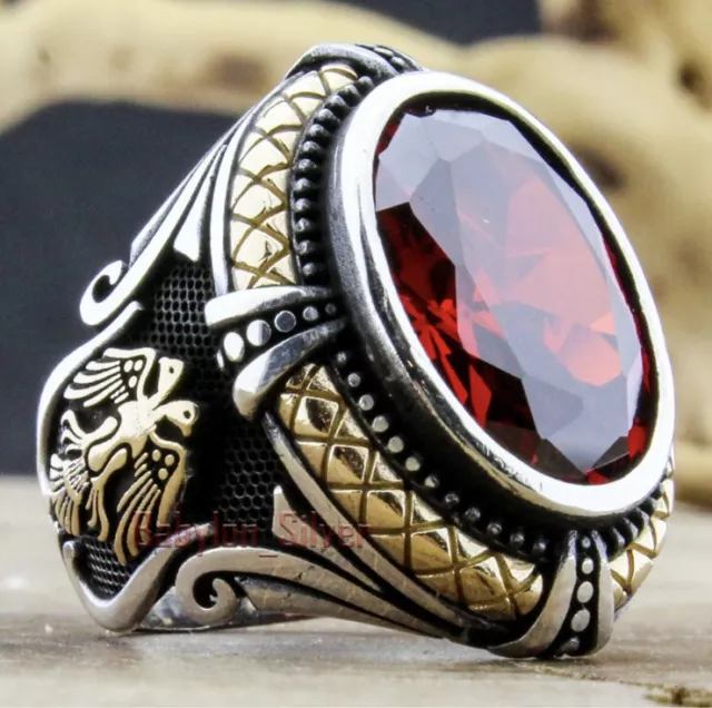 Turkish Handmade Ottoman 925 Sterling Silver Ruby Eagle Men's Ring