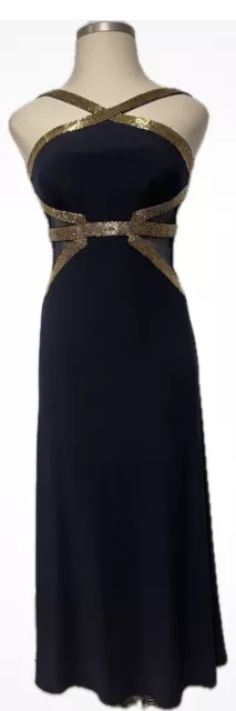 Betsy & Adam  Navy Gold Beaded Mesh Inserts Dress Size 8 EUC