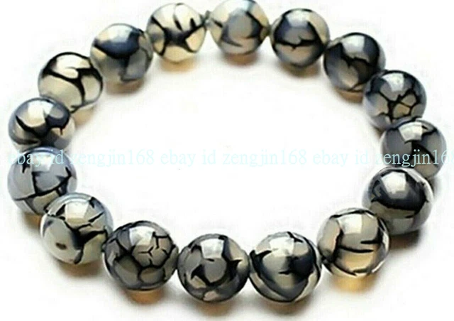 100% Natural 12mm Black Dragon Veins Agate Round Gemstone Stretchy Bracelet