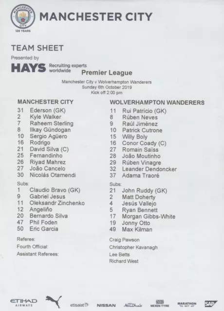 * 2019/20 - Man City Official Teamsheets - Choose From List *